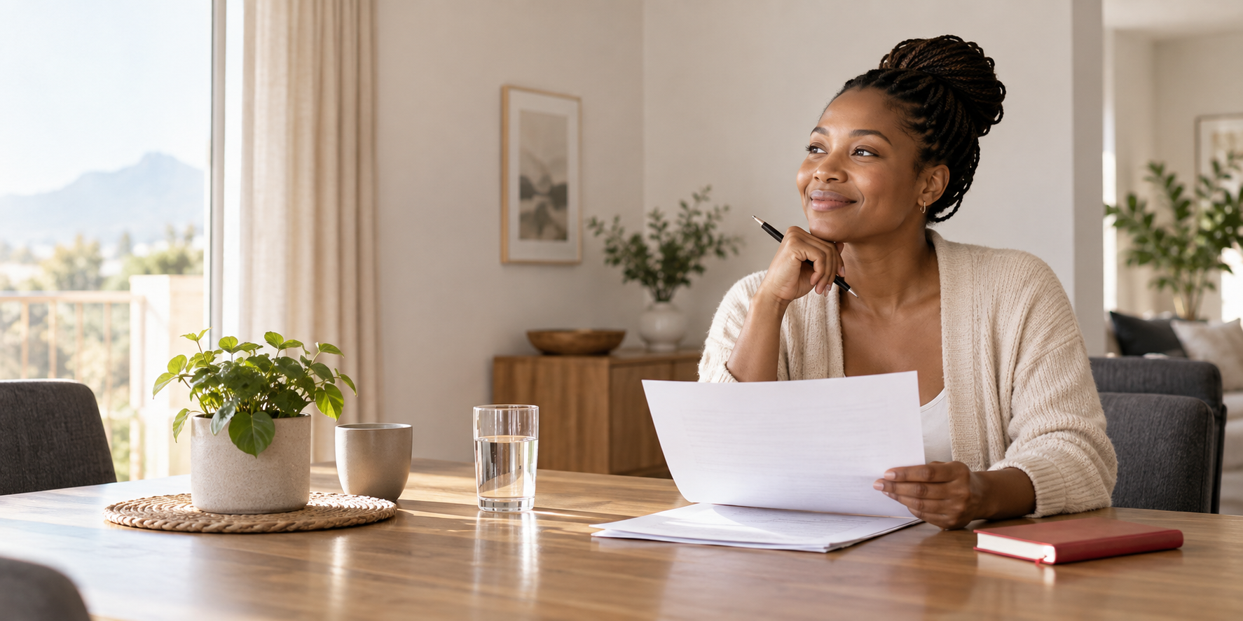 A woman reviewing paperwork in a calm home setting